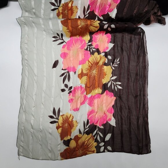 Accordion Pleated Rectangle Scarf Brown Gray Pink Floral Polyester 23"x60" B&K - Picture 4 of 8